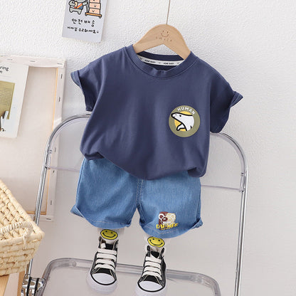 Boys' Minimalist Short Sleeved Shorts Cotton Two-piece Set