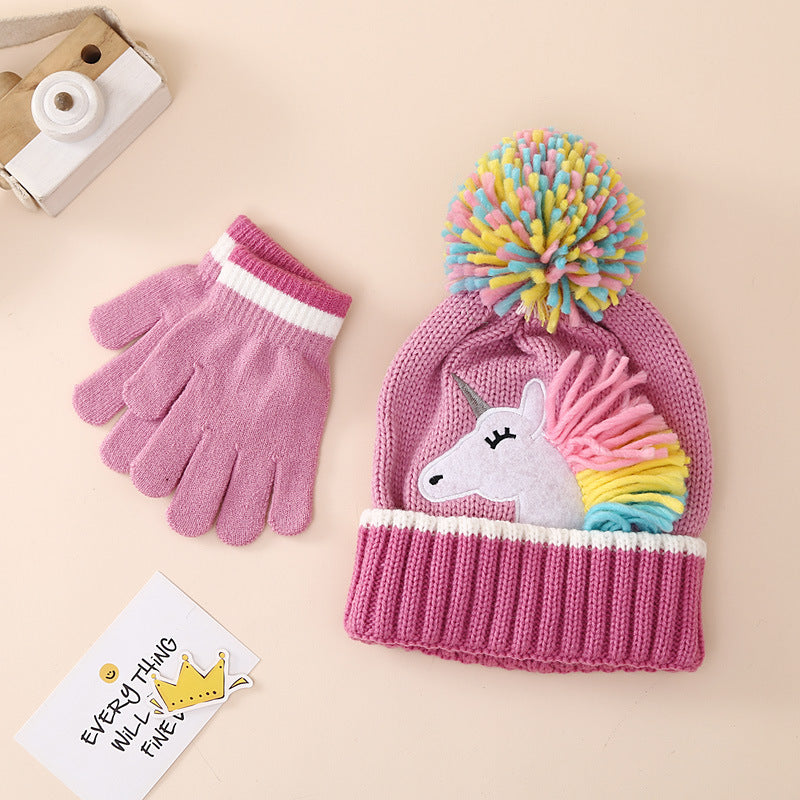 Wholesale Children's Cartoon Unicorn Knitted Hat Gloves Winter Set