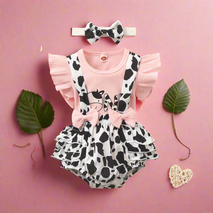 Baby Cow Bow Bib Overalls Set Polyester Baby Clothes