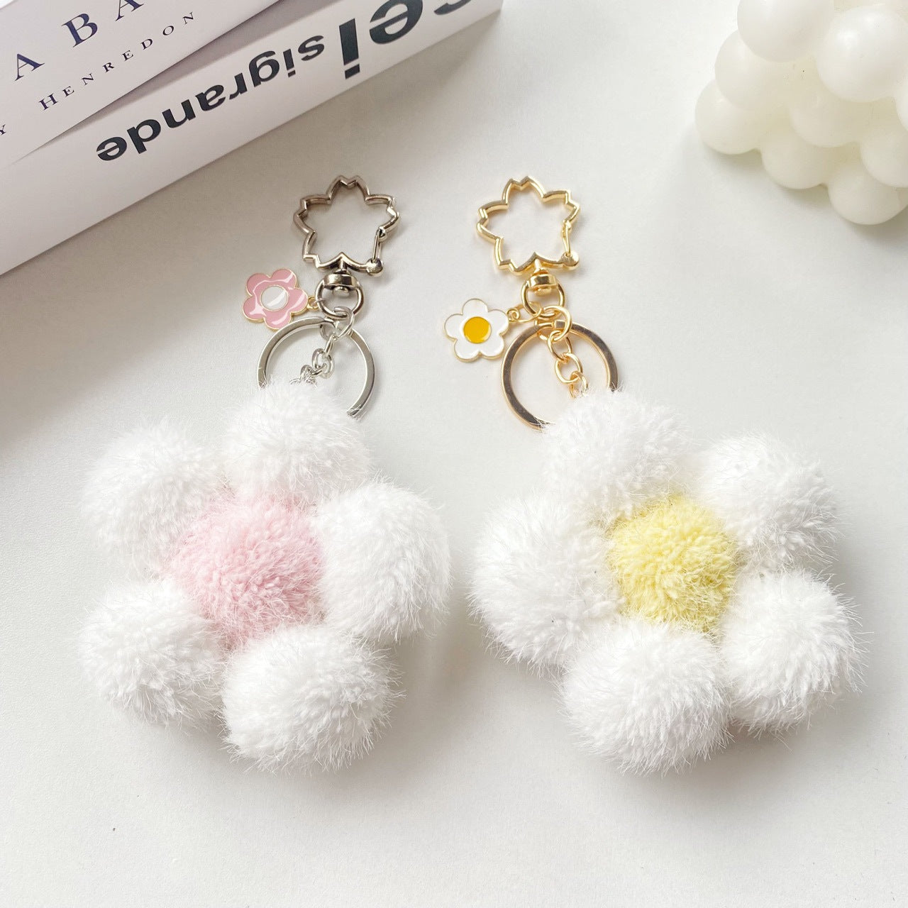 Plush Colored Flower Ball Keychains