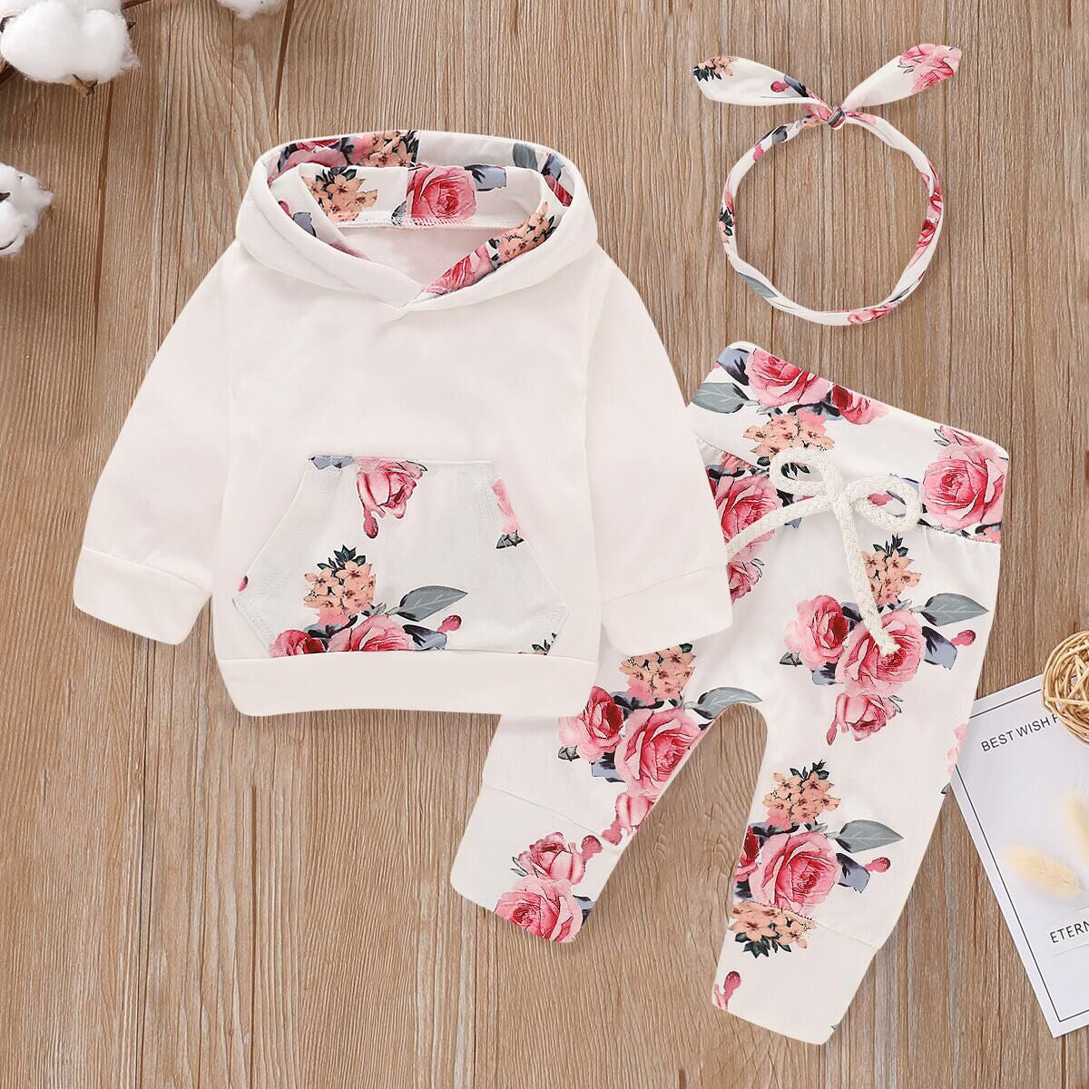 Wholesale Autumn and Winter Cotton Floral Print Hoodie Long Sleeve Hoodie Trousers Three-piece Set