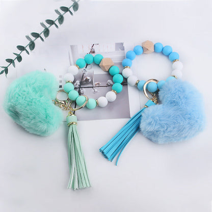 Heart Shape Fur Ball Tassel Silicone Beaded Wrist