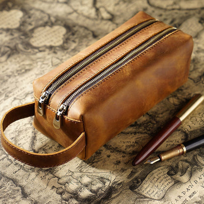 Leather Simple Large -capacity Creative Double -layer Zipper Bag