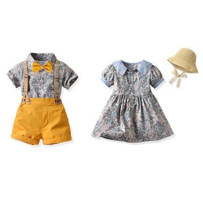 Children's Cotton Short Sleeved Printed Shirts and Suspenders