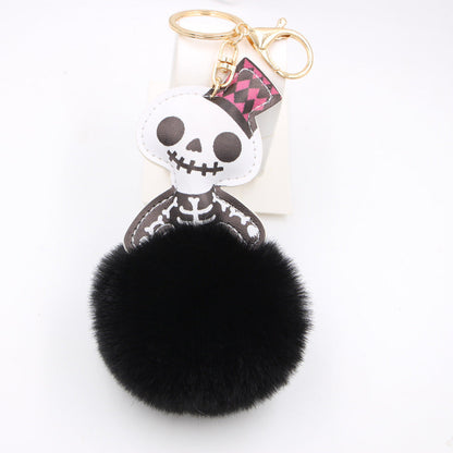 Halloween Leather Skull Fur Ball Keychain