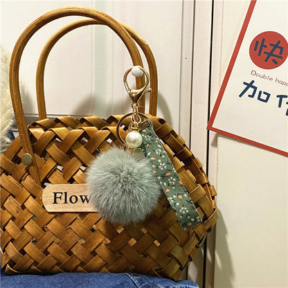 Plush Floral Ribbon Pom Keychain