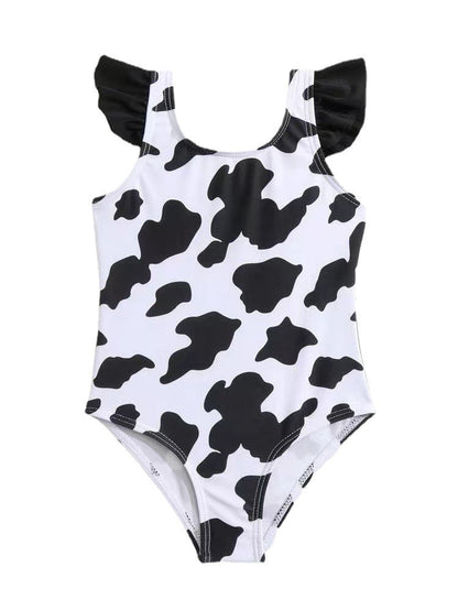 Baby Girls Ruffles Dairy Cow Black and White Bow Swimwear