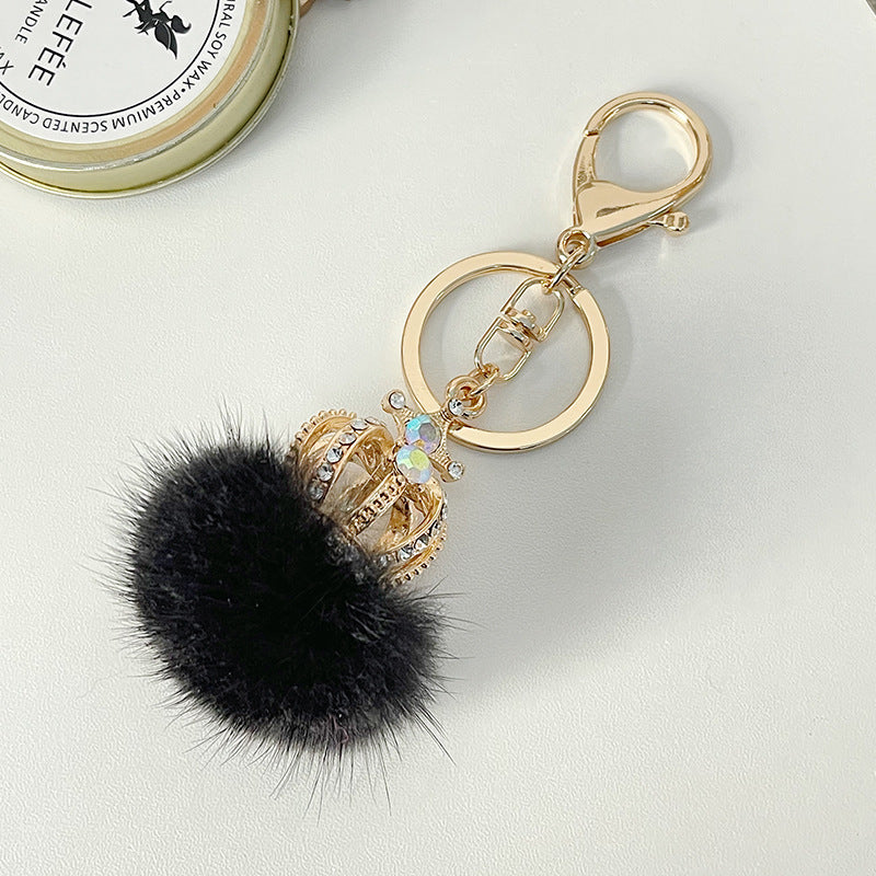 Diamond Studded Mink Fur Ball Crown Keychain