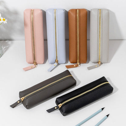 Pebbled Leather Large Capacity Zipper Pen Bag