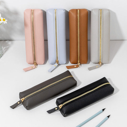 Pebbled Leather Large Capacity Zipper Pen Bag