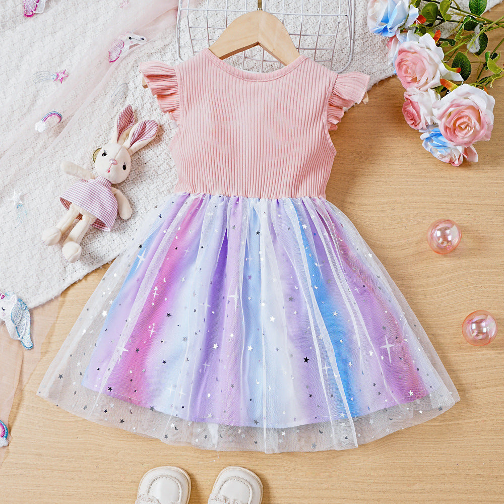 Children's Summer Colorful Love Five-pointed Star Mesh Dress