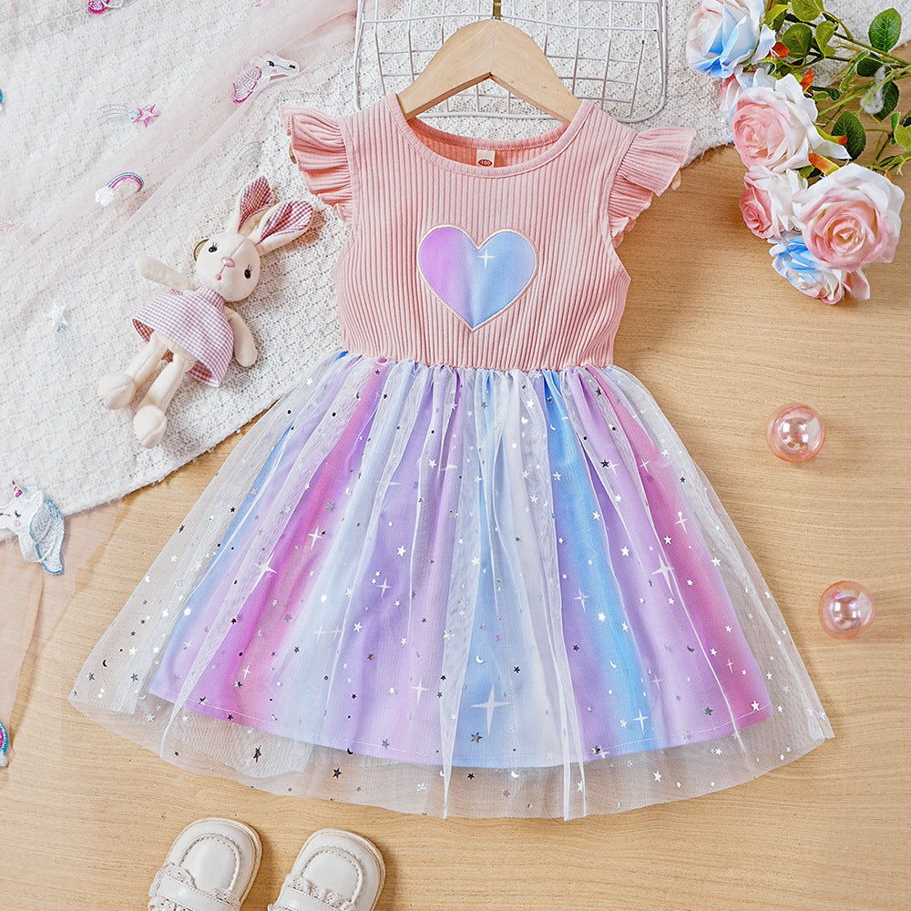 Children's Summer Colorful Love Five-pointed Star Mesh Dress
