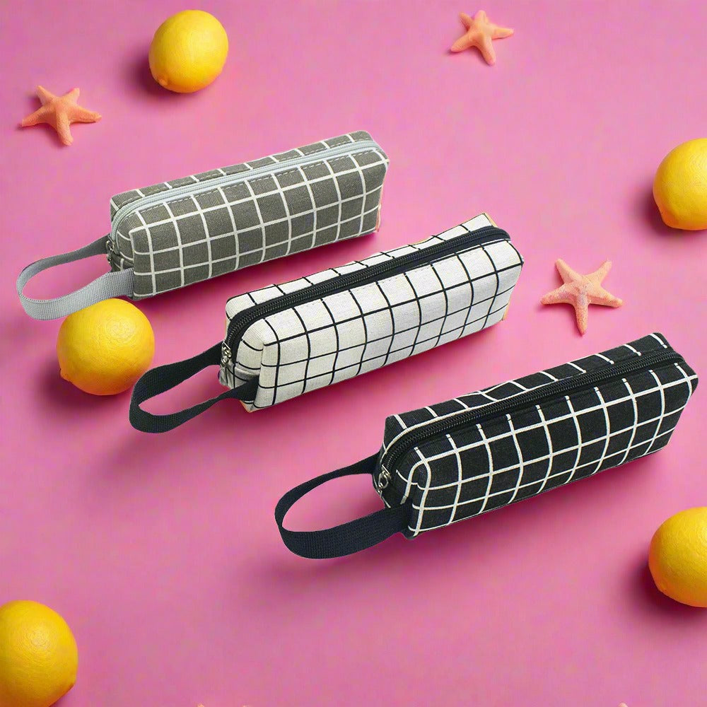 Simple Canvas Black and White Plaid Canvas Pen Bags