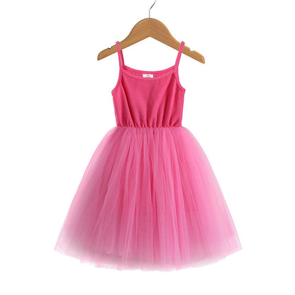 Girls Suspenders Rib Splicing Mesh Princess Dress