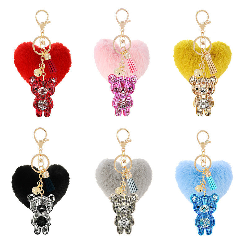 Diamond Velvet Peach Heart Fur Ball Bear Key