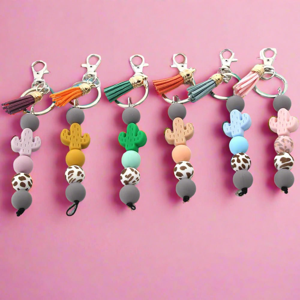 Cartoon Cactus Silicone Beaded Keychain