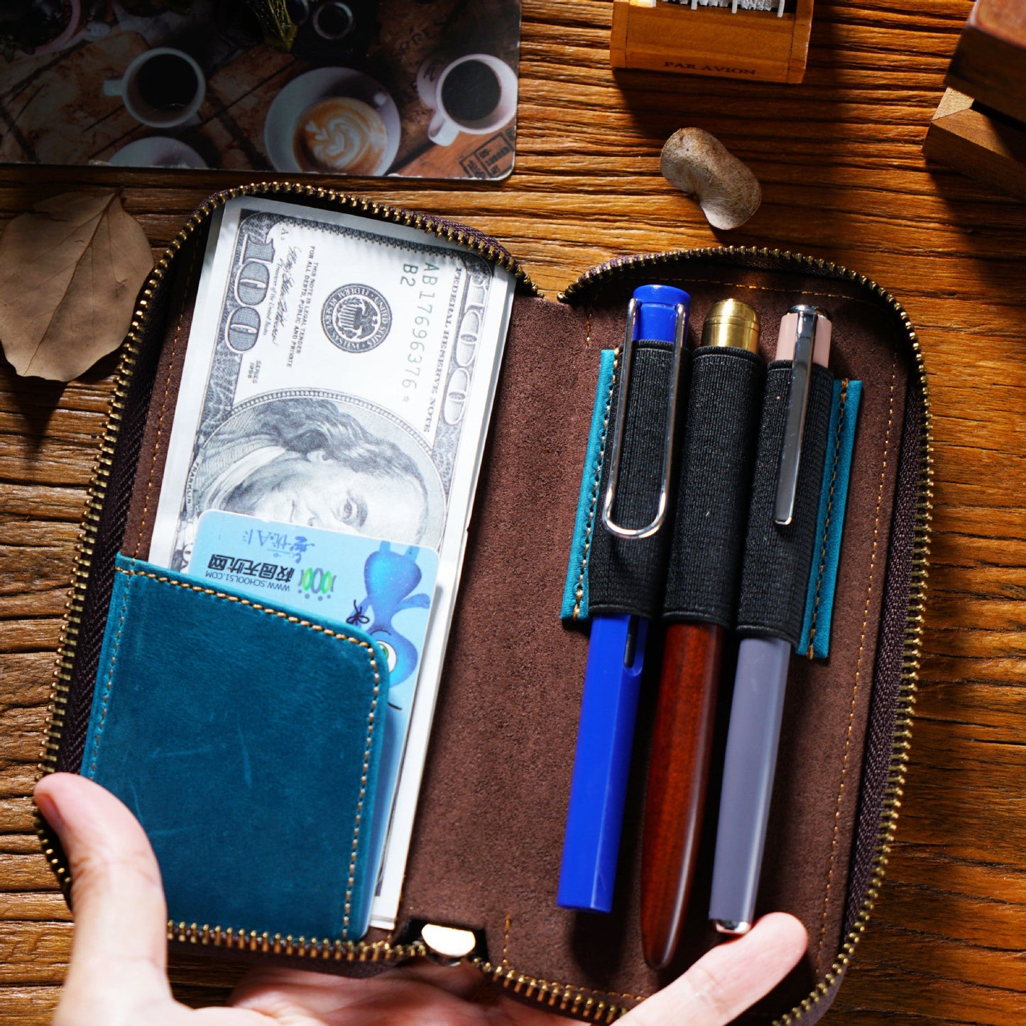Top Layer Cowhide Crazy Horse Leather Square Zipper Pencil Case