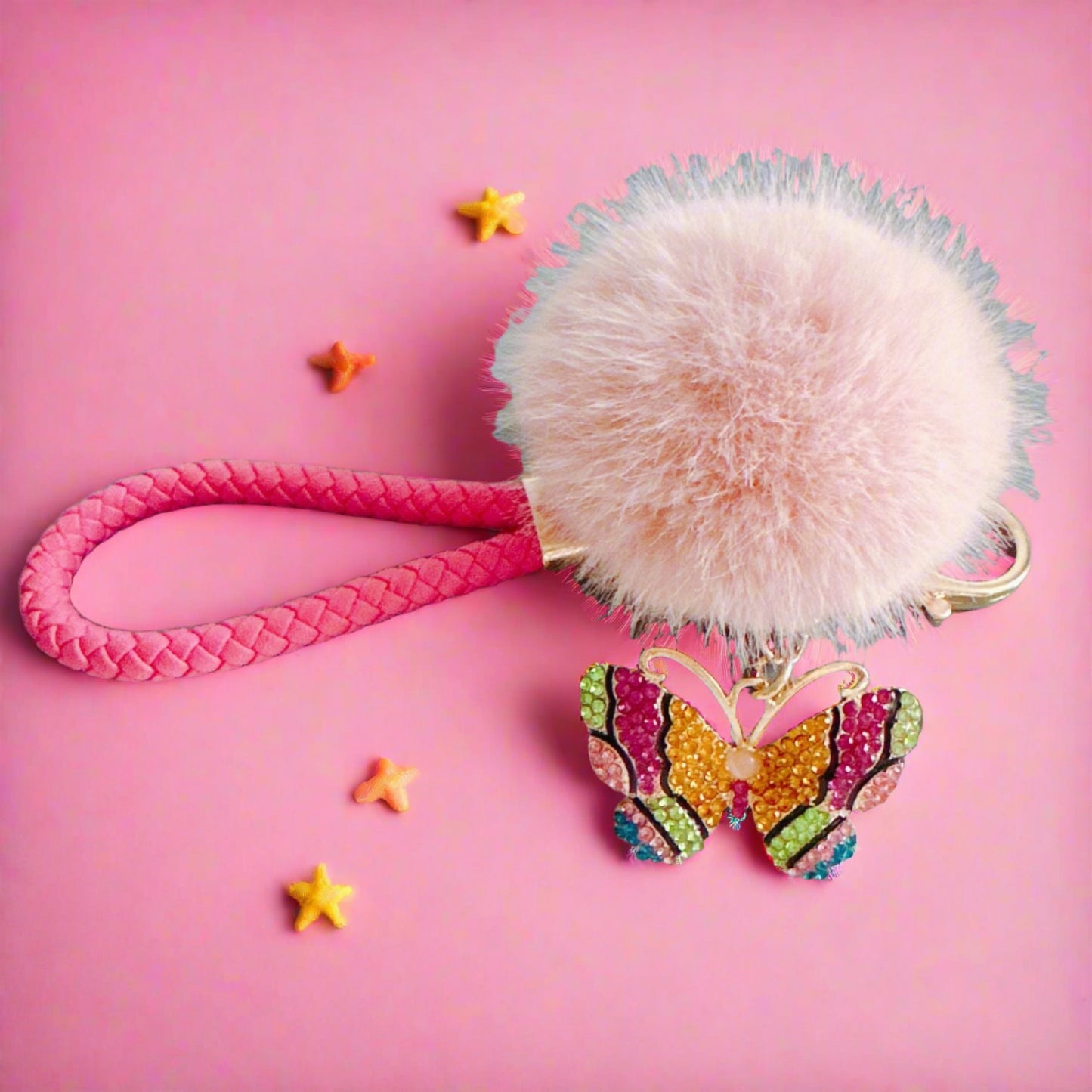 Rhinestone Colorful Butterfly Fur Ball Metal Keychain
