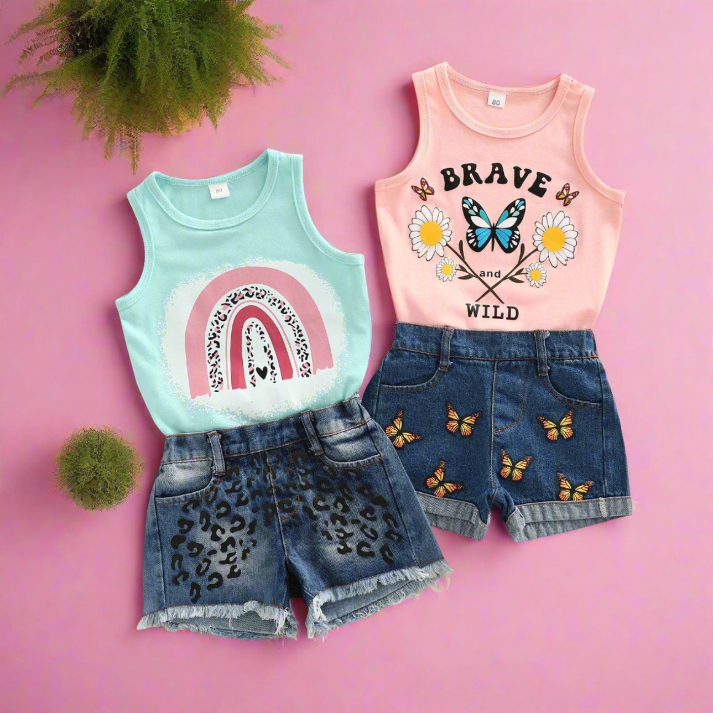 Cotton Rainbow Butterfly Print Tank Top Denim Shorts Girls Set