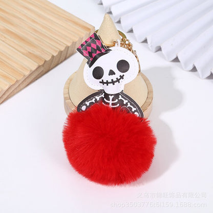 Halloween Leather Skull Hair Ball Keychain