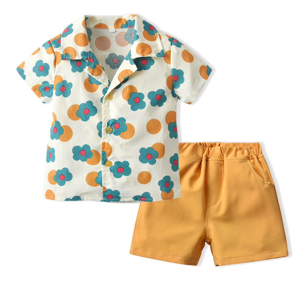 Children's Cotton Shirt Printed Short Sleeved Shorts Set