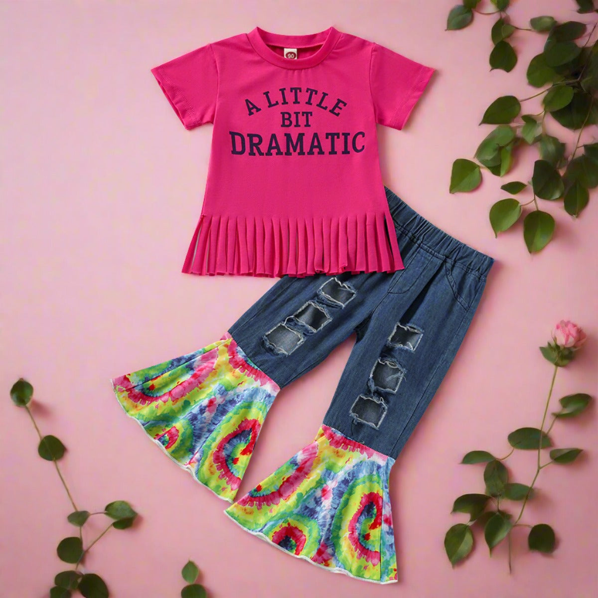 Ripped Patchwork Tie-dye Denim Flared Pants Two-piece Set