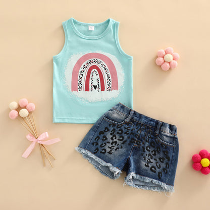 Cotton Rainbow Butterfly Print Tank Top Denim Shorts Girls Set