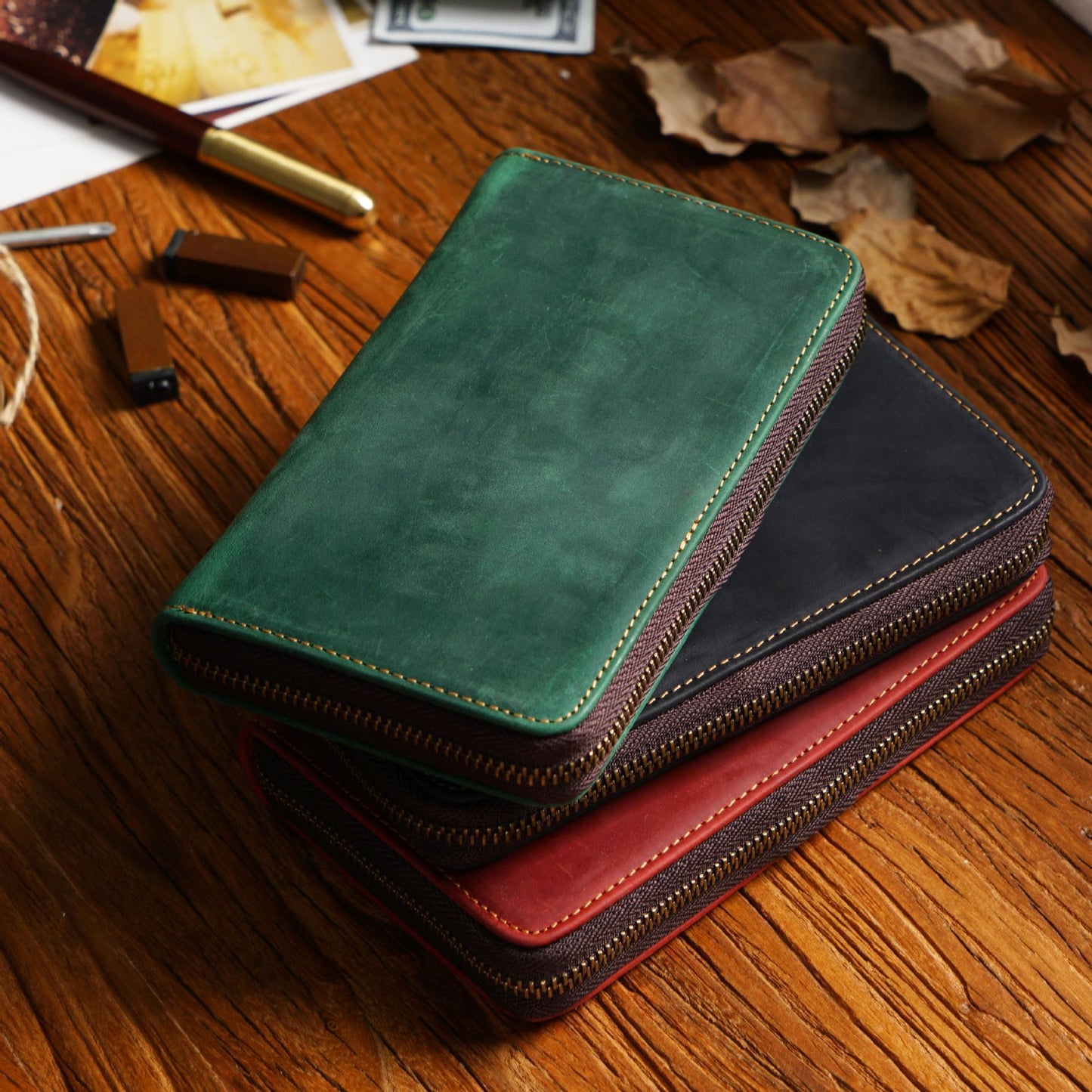 First Layer Cowhide Vintage Zipper Pen Storage Bag