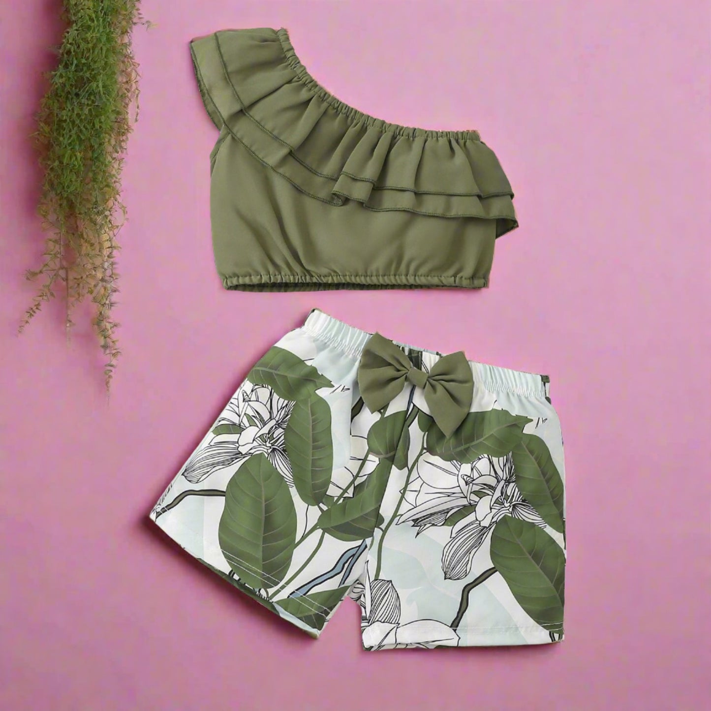 Cotton Solid Color Slanted Collar Top and Shorts Set