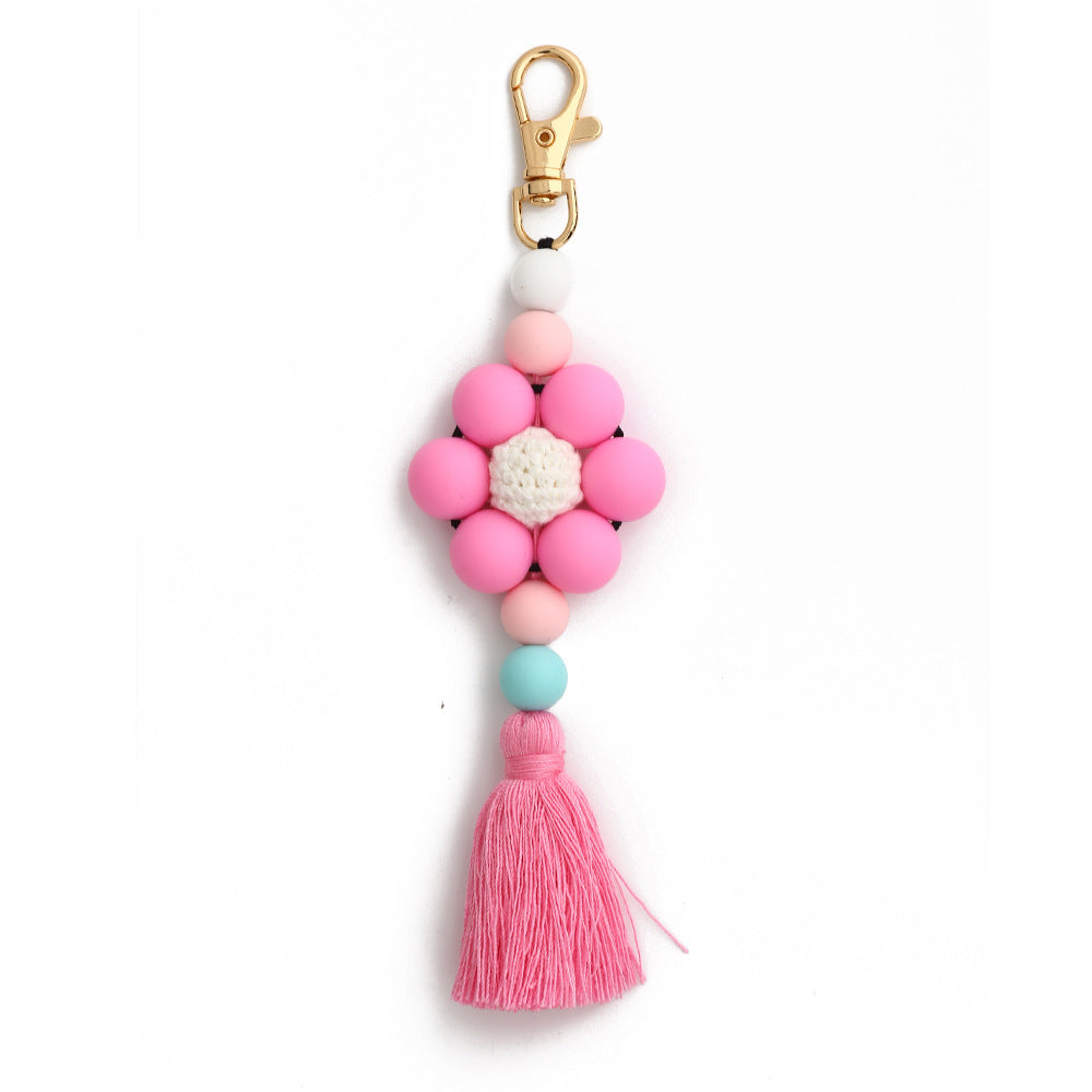 Leopard Print Sunflower Silicone Beaded Tassel Keychain