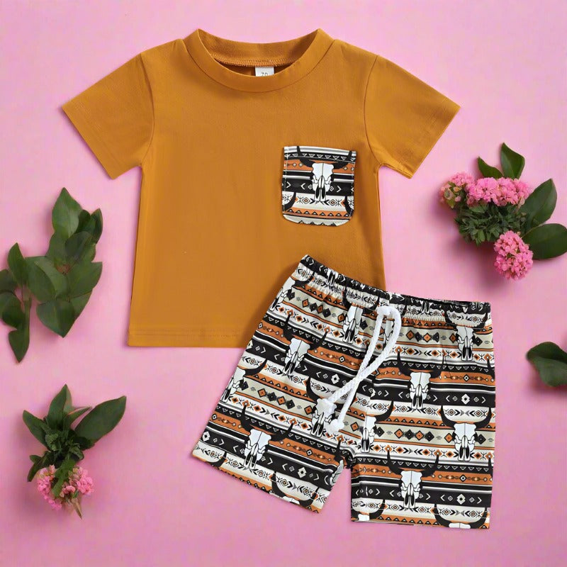 Cotton Summer New Aztec Western Cowboy T-Shirt Shorts Set