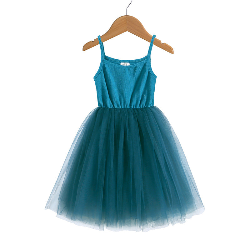 Girls Suspenders Rib Splicing Mesh Princess Dress