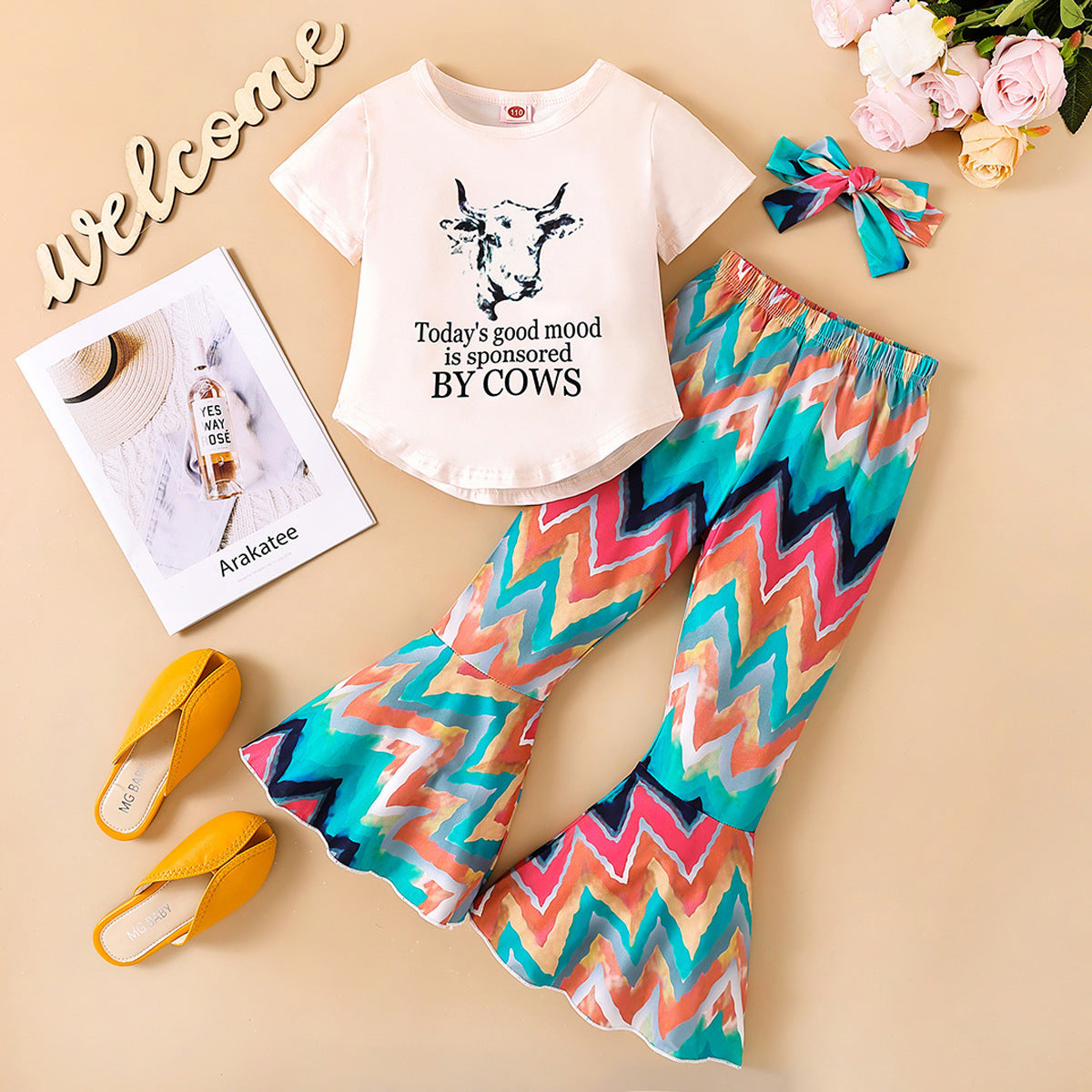 Polyester Tops Flare Pants Two Piece Children's Clothing Set