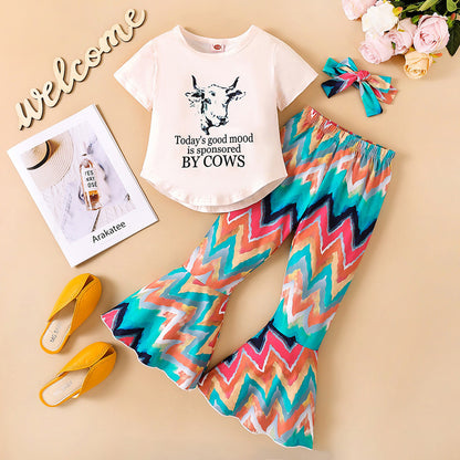 Polyester Tops Flare Pants Two Piece Children's Clothing Set