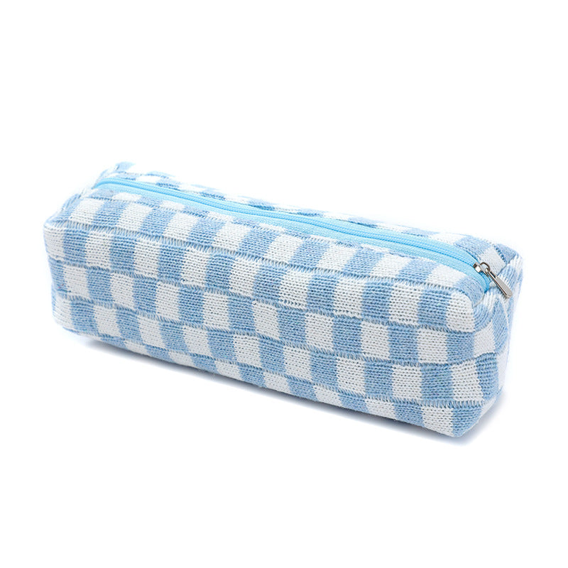 Plush Knitted Wool Checkerboard Pencil Case