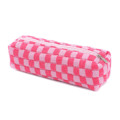 Plush Knitted Wool Checkerboard Pencil Case