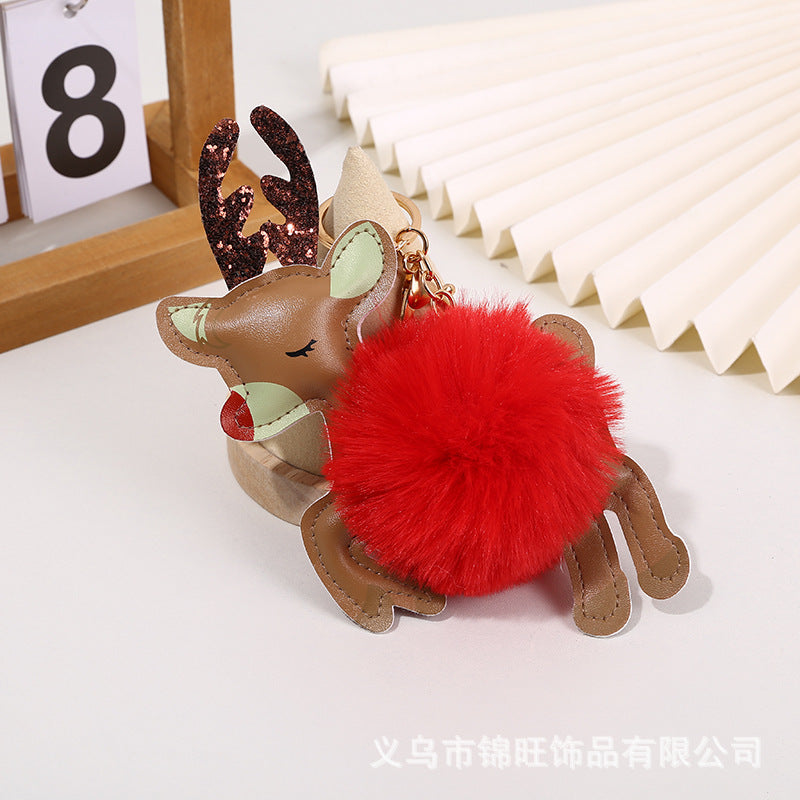 Christmas Leather Elk Santa Claus Fur Ball Keychain
