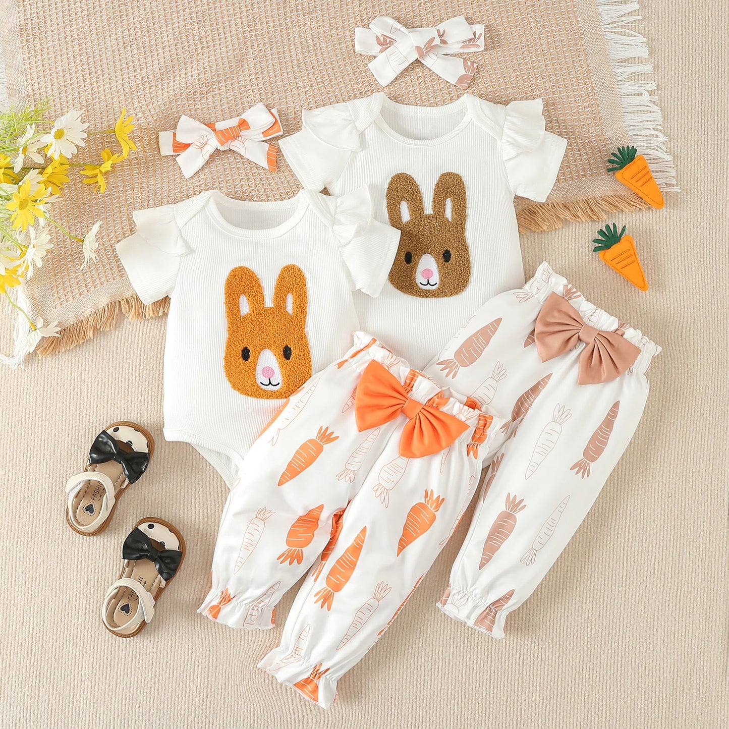 Easter Rabbit Embroidered Harper T-shirt Pants Cotton Set
