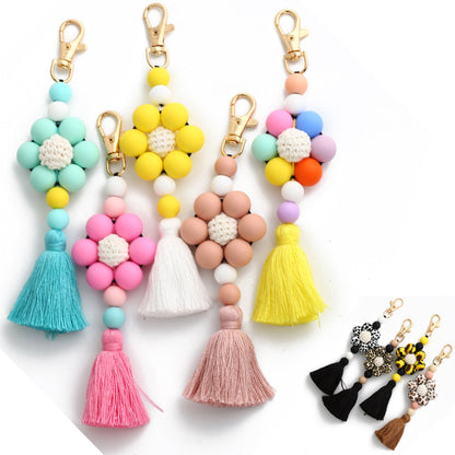 Leopard Print Sunflower Silicone Beaded Tassel Keychain