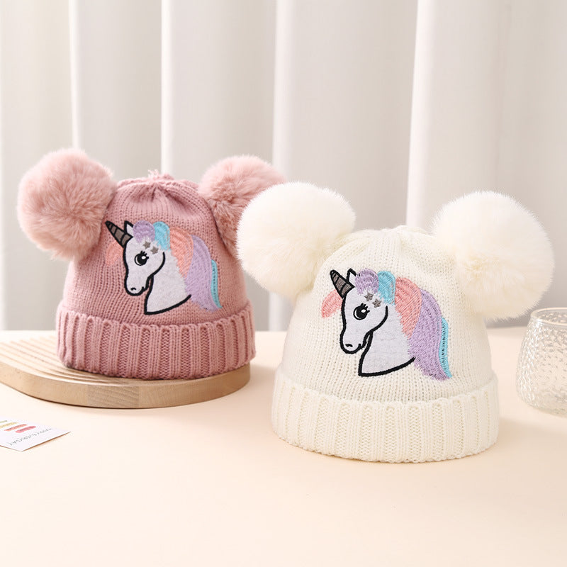 Children's Winter Knitted Hat Unicorn Double Ball Woolen Hat
