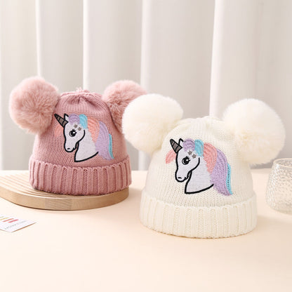 Children's Winter Knitted Hat Unicorn Double Ball Woolen Hat
