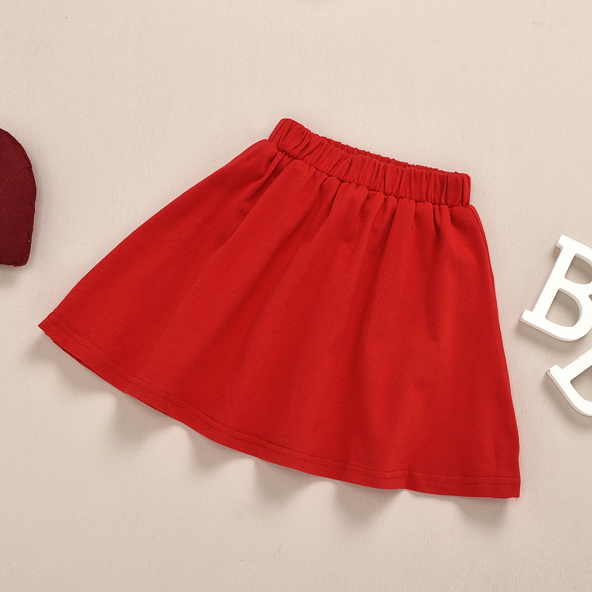 Wholesale Cotton Children's Love Long Sleeved Tops, Red Pleated Skirts