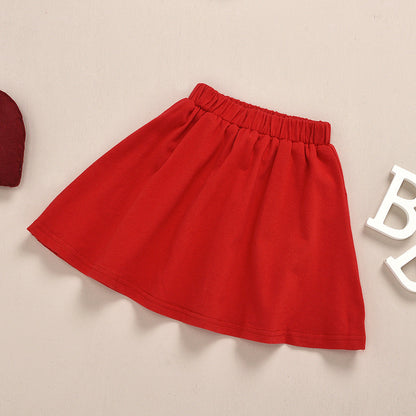 Wholesale Cotton Children's Love Long Sleeved Tops, Red Pleated Skirts