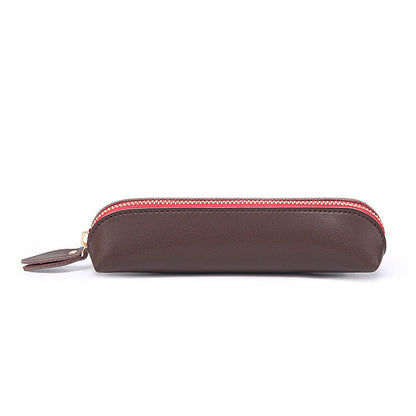 Cowhide Solid Color Zipper Stationery Bag Pencil Case Large Capacity
