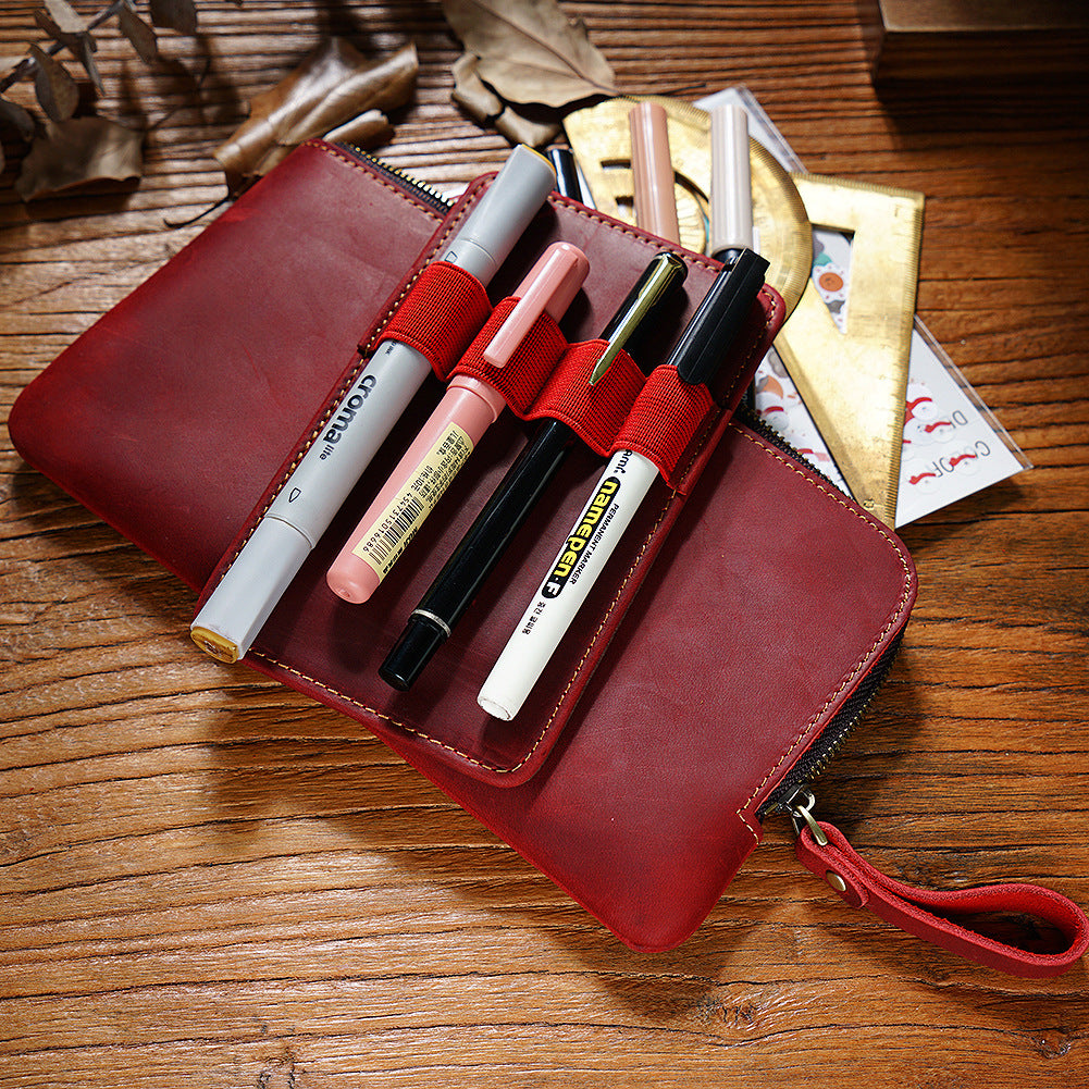 Cowhide Zipper Crazy Horse Leather Multi-functional Zipper Pencil Case