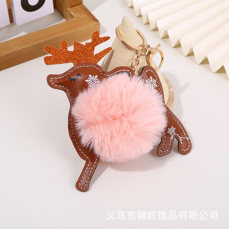 Christmas Leather Elk Santa Claus Fur Ball Keychain