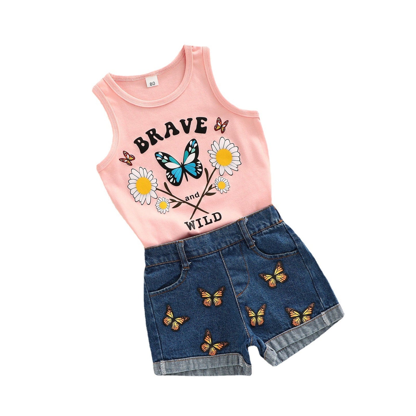 Cotton Rainbow Butterfly Print Tank Top Denim Shorts Girls Set