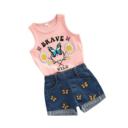 Cotton Rainbow Butterfly Print Tank Top Denim Shorts Girls Set