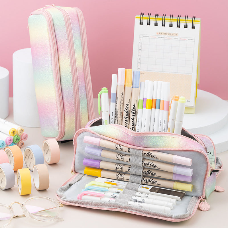 Large Capacity Double Window Rainbow Multi-layer Leather Pencil Case