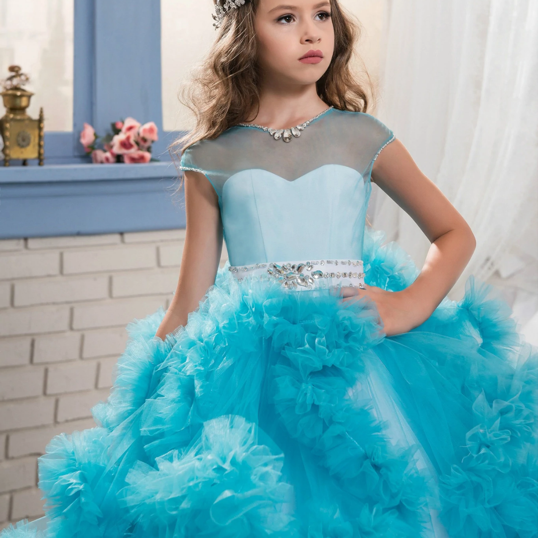 Layered Lace Ruffle and Rhinestone Design Princess Ball Gown